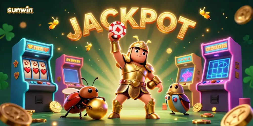 Experience sunwin excitement with a victorious beetle, jackpot signs, and vibrant casino games.