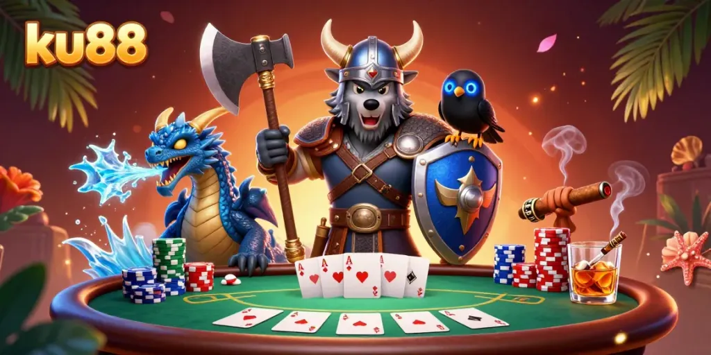 Engage with ku88's vibrant casino scene featuring a heroic Viking wolf warrior, fierce dragon, and poker elements.