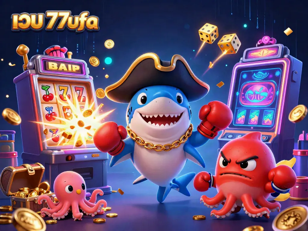Join the excitement with เว็บ 77ufa as colorful casino characters burst with rewards amidst a vibrant digital setting.