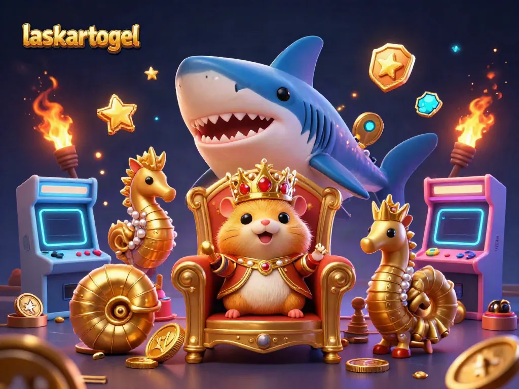 Laskartogel's vibrant gaming kingdom depicting a hamster king on a shark tooth throne amid playful arcade elements.