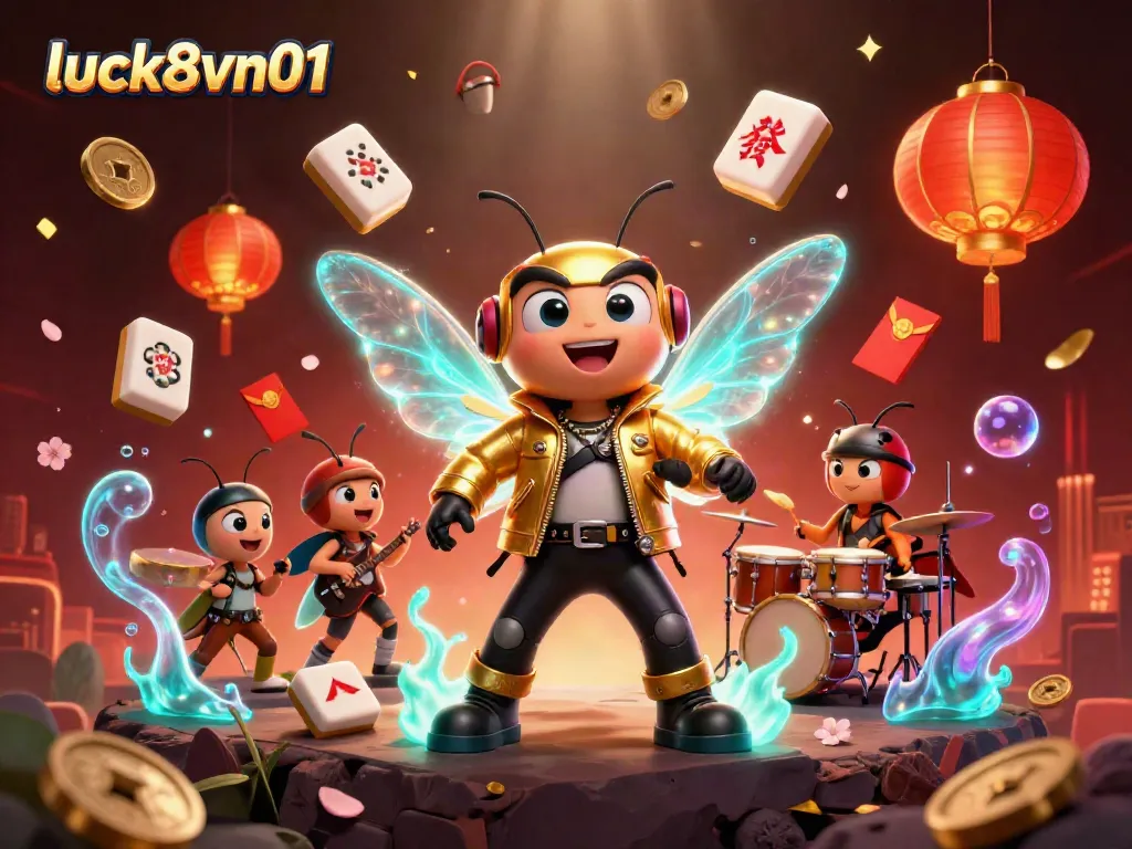 Experience gaming thrills with luck8vn01 in a vibrant 3D casino scene featuring animated characters and festive elements.