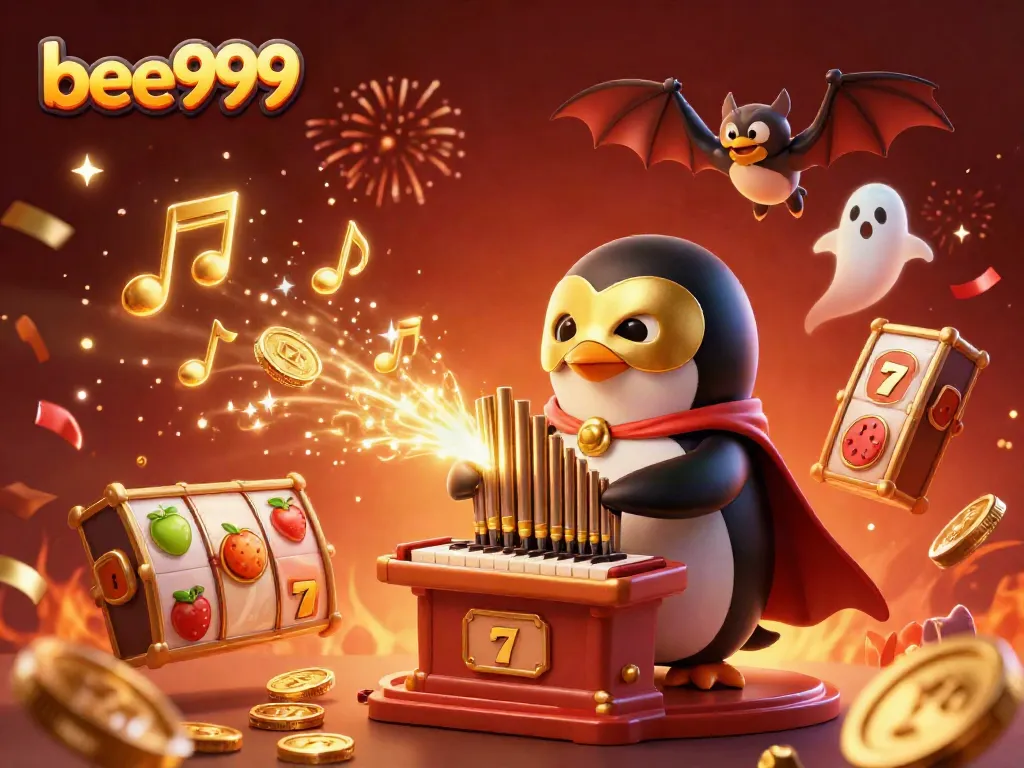 Experience thrilling casino excitement with bee999, featuring a vibrant 3D penguin and dynamic golden coins.