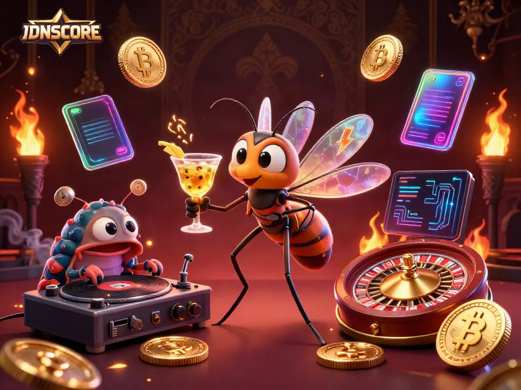 Experience IDNSCORE's vibrant casino atmosphere with unique characters, golden elements, and crypto coins.