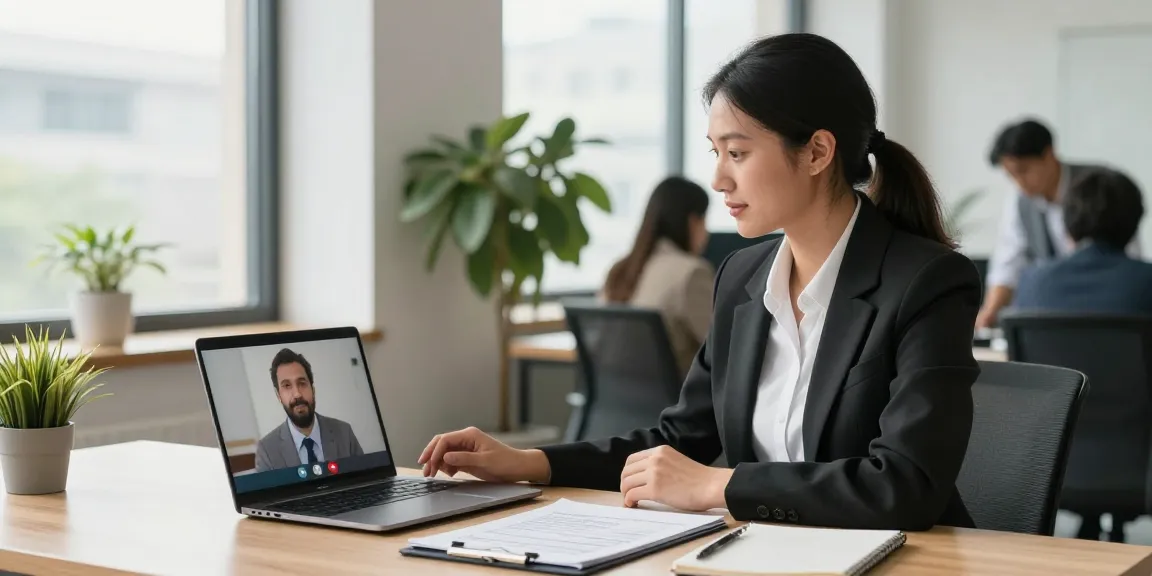 หางาน - Job seeker in a professional office preparing for a video interview.