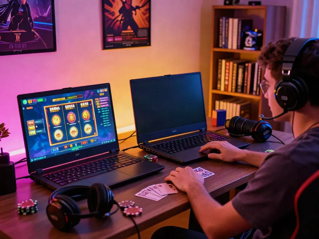 Engaged player experiencing akunjp online slots with gaming setup and vibrant visuals in cozy room.