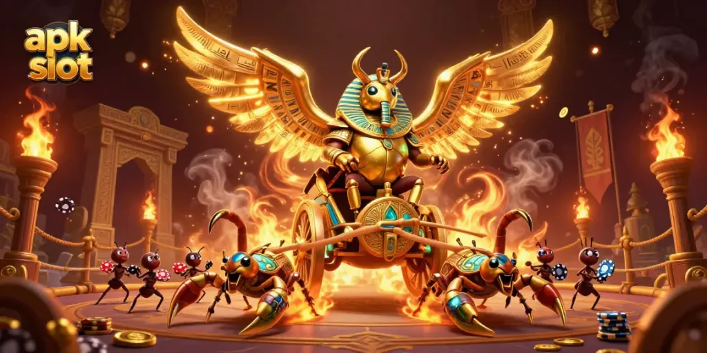 Experience exciting gameplay with apk slot in a lavish casino scene featuring a golden scarab beetle.