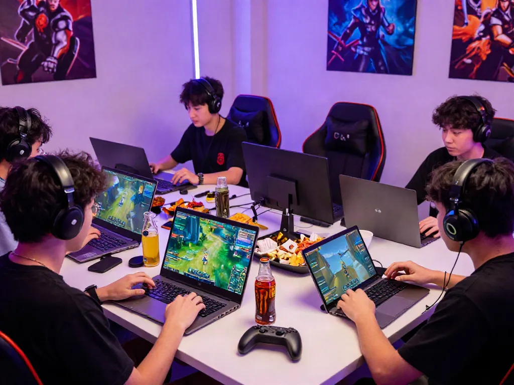 Online gaming community enjoying QQMacan platform with vibrant visuals and devices.