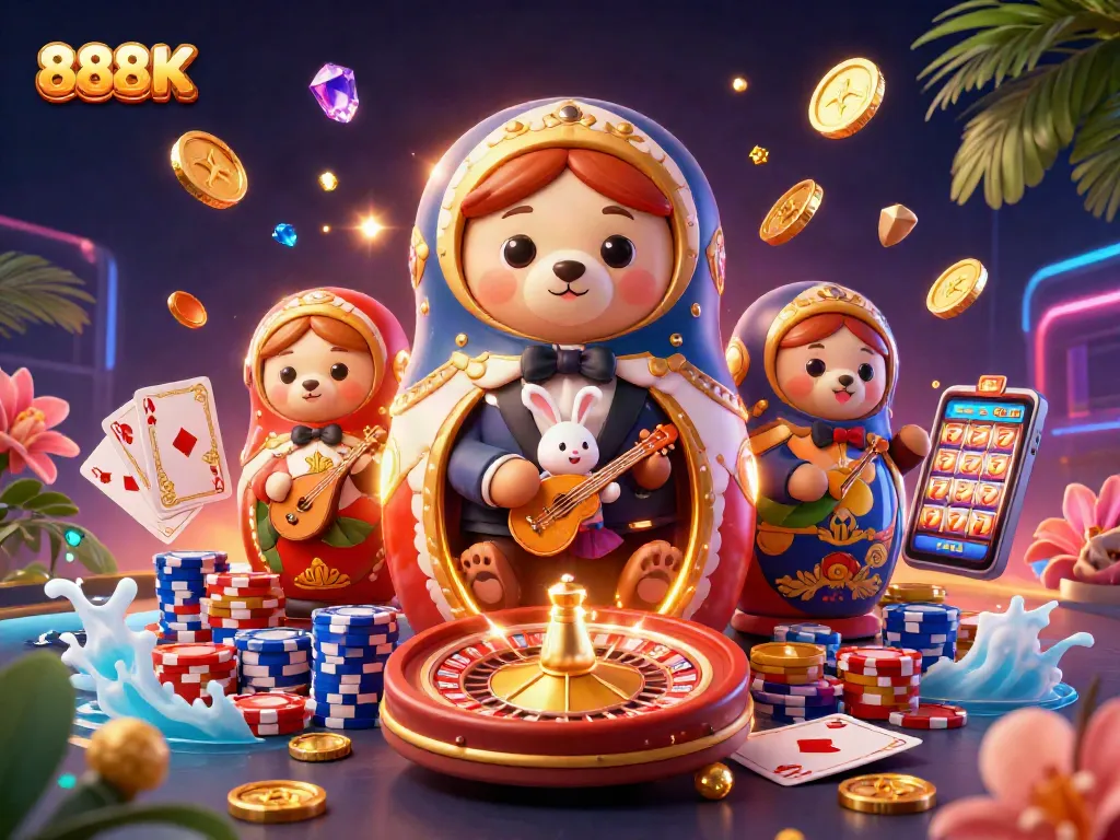 Spin and win at 888K with vibrant casino-themed digital illustration showcasing gambling excitement.