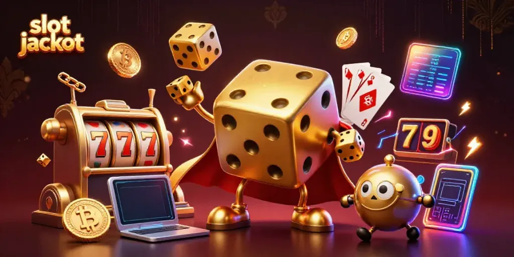 Spin the slot jackpot in a vibrant 3D casino scene featuring golden dice and crypto coins.