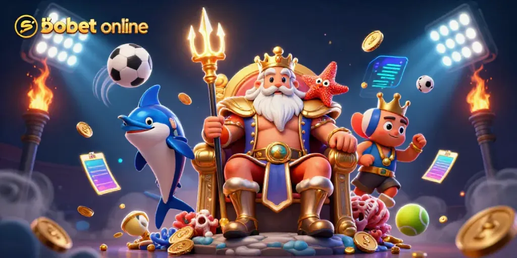 Engage in sbobet online betting surrounded by sports elements and characters representing fun gaming.