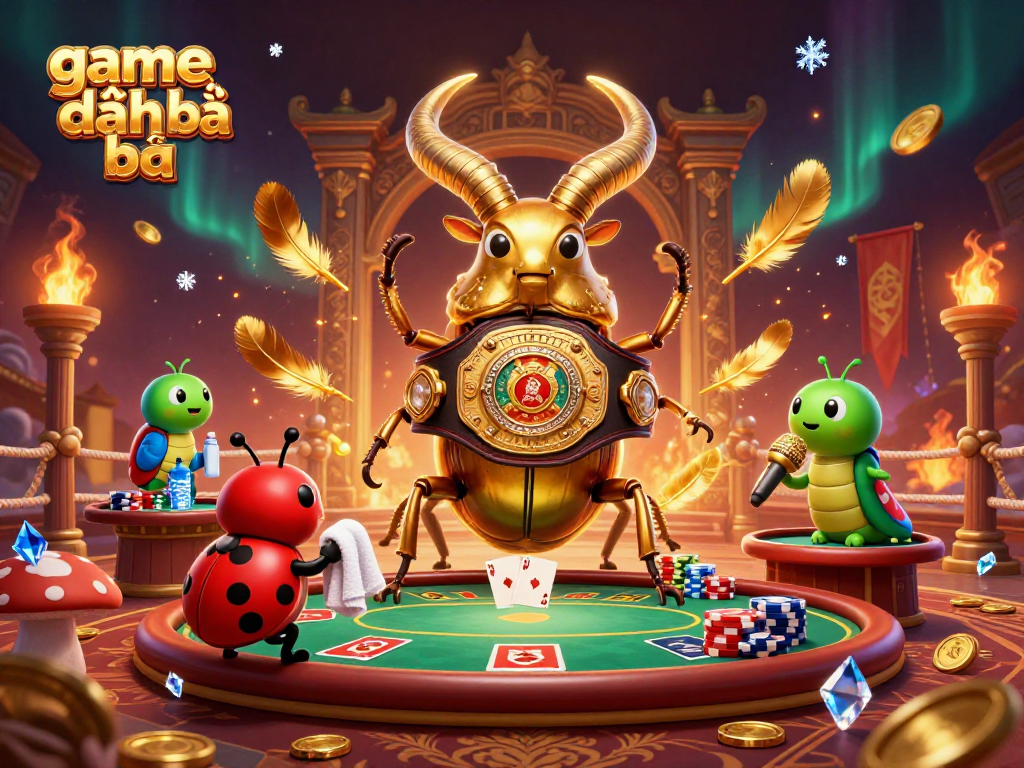 Experience the thrill of game đánh bài with a vibrant 3D scene of a giant beetle boxing champion surrounded by poker elements.