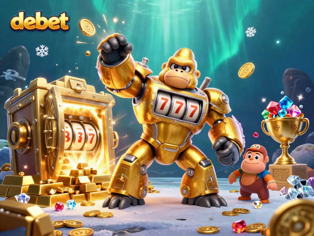 Experience debet's vibrant casino action with a golden gorilla mech amidst treasures and slot elements.