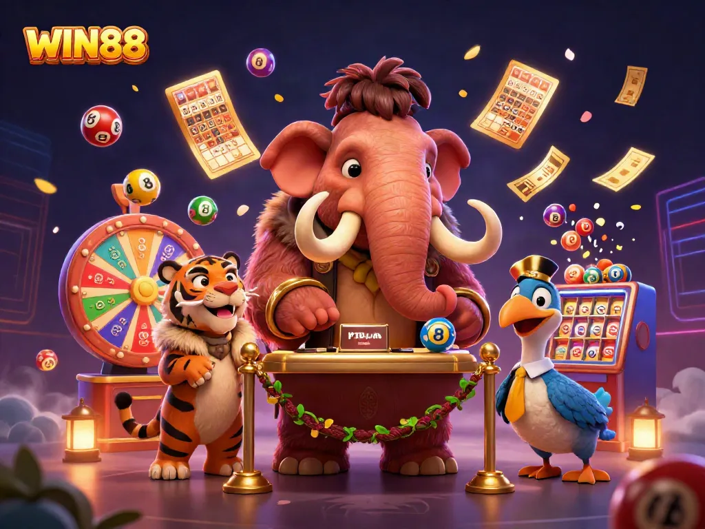 Experience WIN88 excitement with a vibrant casino scene featuring a woolly mammoth bouncer and colorful games.