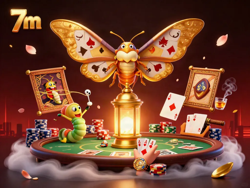 Experience thrilling casino action with the 7m moth, golden lantern, and vibrant poker elements.