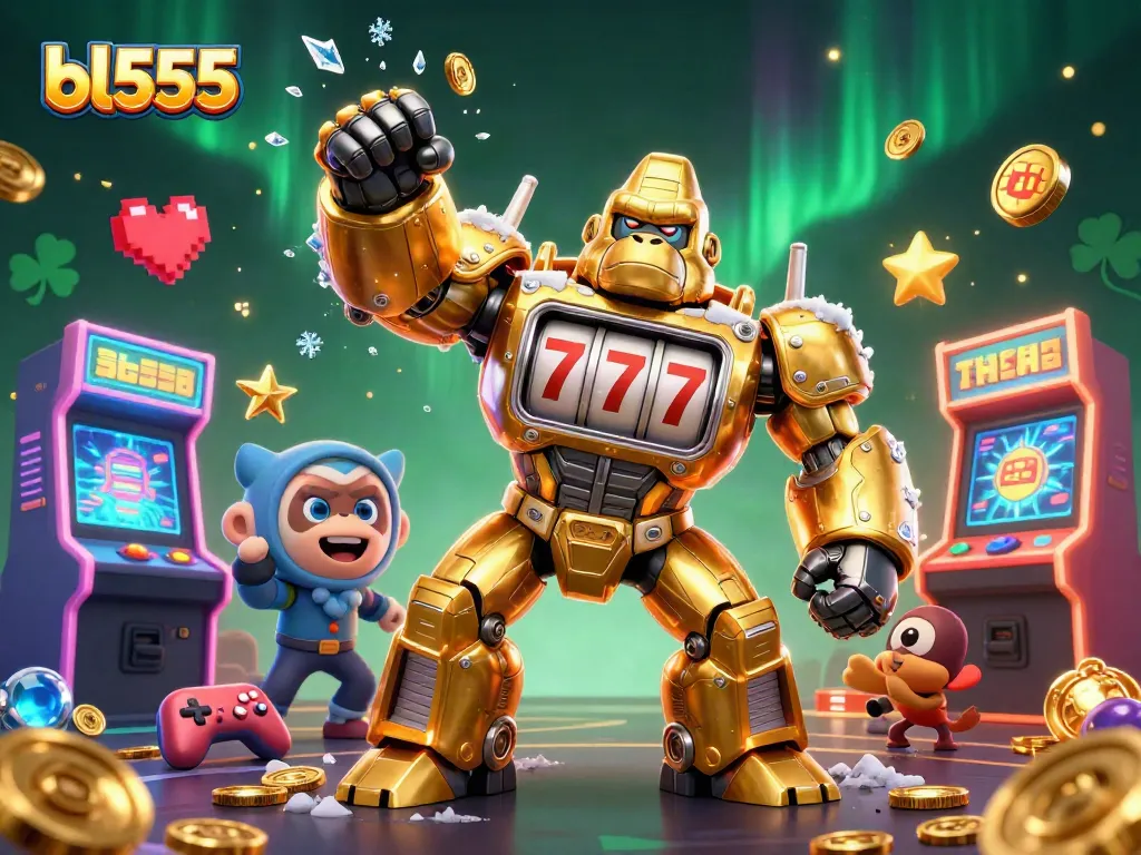 Experience the excitement of bl555 with a golden gorilla mech surrounded by dynamic gaming elements.
