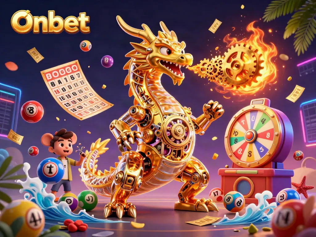 Onbet casino scene featuring a golden dragon and dynamic lottery elements for exciting gameplay.
