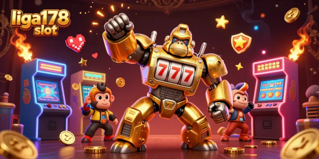 Menangkan liga178 slot dengan robot gorila emas dan simbol slot yang berputar.