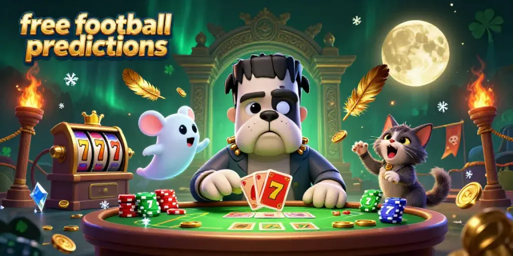 Engaging 3D illustration featuring free football predictions with a cartoon bulldog dealer and casino elements.