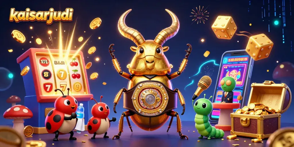 Kaisarjudi visualizes winning moments with a boxing beetle, slot machines, and vibrant casino elements.