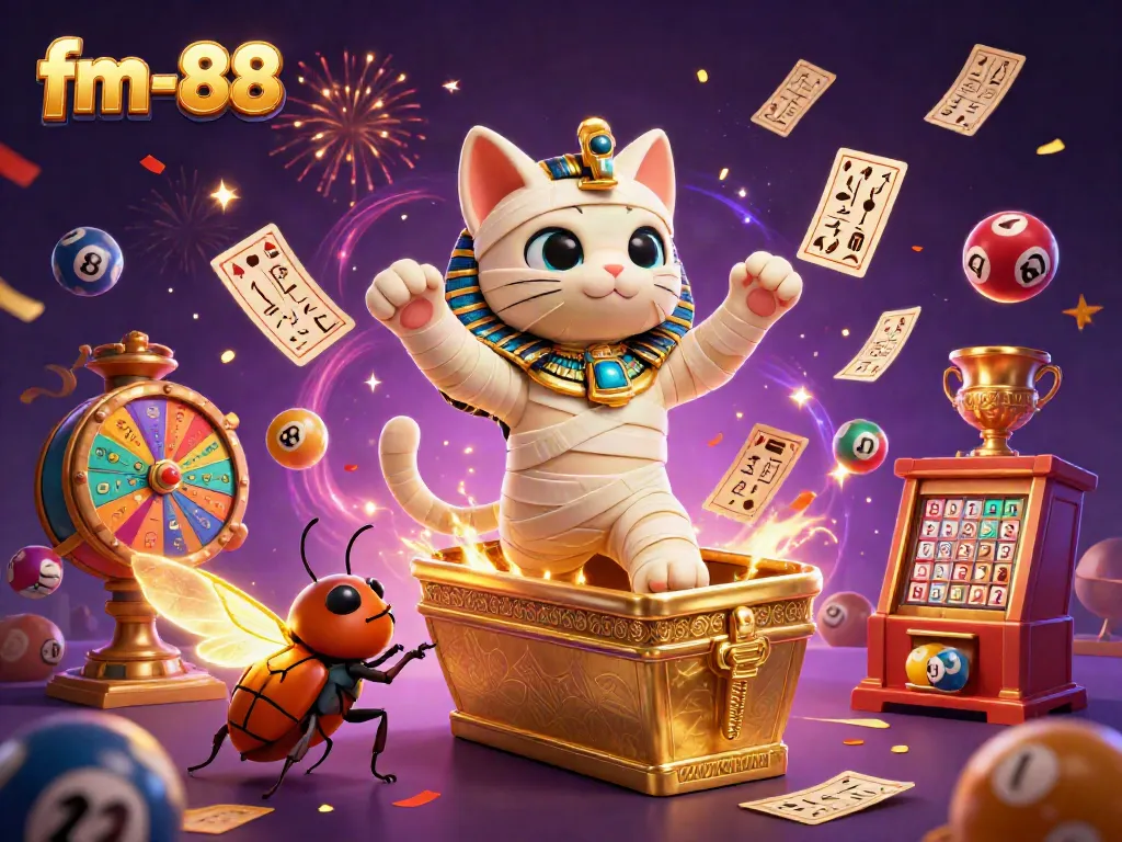 Experience the thrill of fm-88 as the Egyptian mummy cat bursts into a vibrant pyramid casino scene.