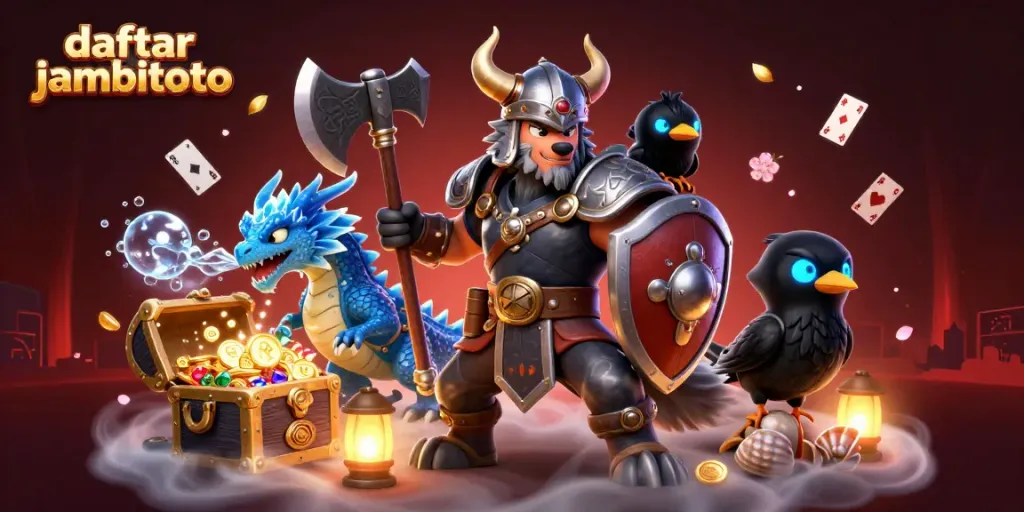 Engage with daftar jambitoto featuring a Viking wolf warrior, dragon, and raven amidst casino elements.