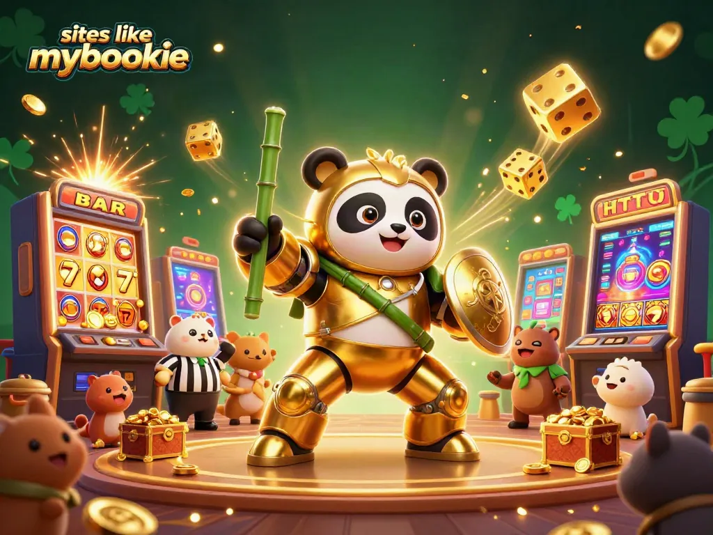 Engage with top sites like mybookie in a vibrant casino scene featuring energetic characters and gaming elements.