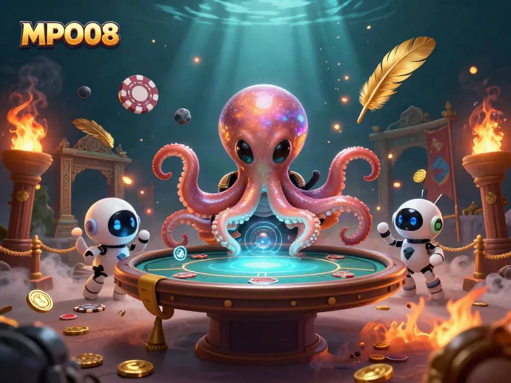MPO08 alien octopus playing poker at a vibrant cosmic casino scene, showcasing thrilling gambling action.