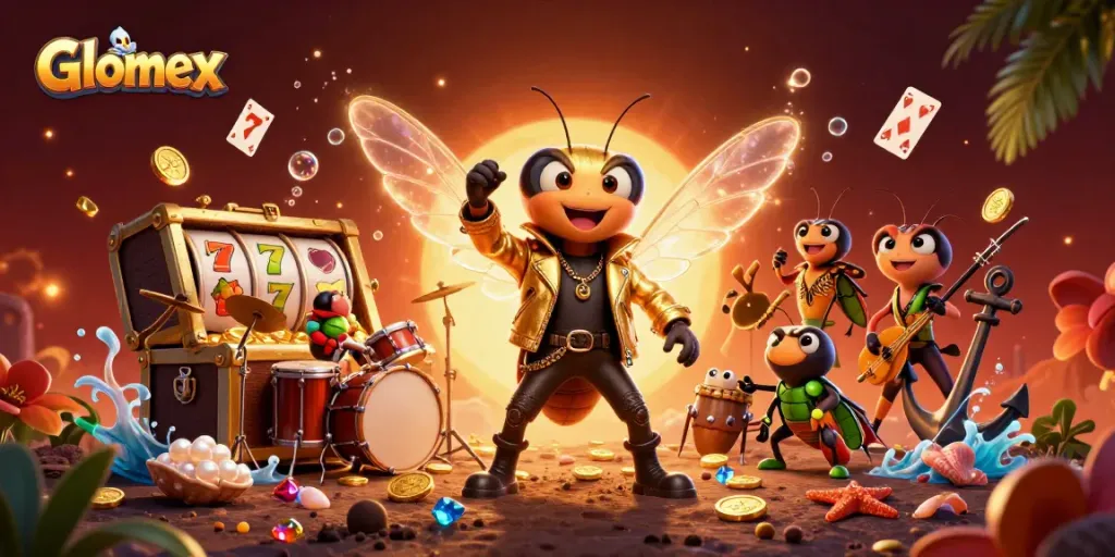 Glomex features a vibrant 3D casino scene with a cicada rock star in a dynamic gaming setting.