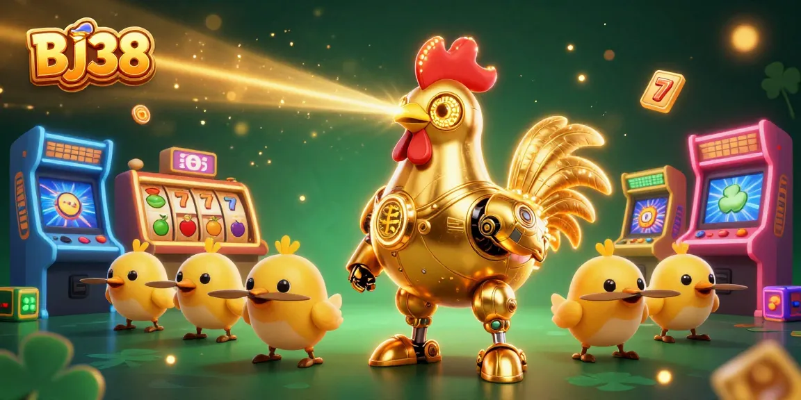 Engage with BJ38's thrilling casino experience, featuring a dynamic golden rooster robot and baby chick drones.
