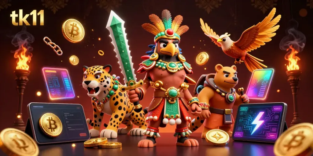 Engage in thrilling casino action with tk11, featuring vibrant Aztec warriors and cryptocurrency elements.