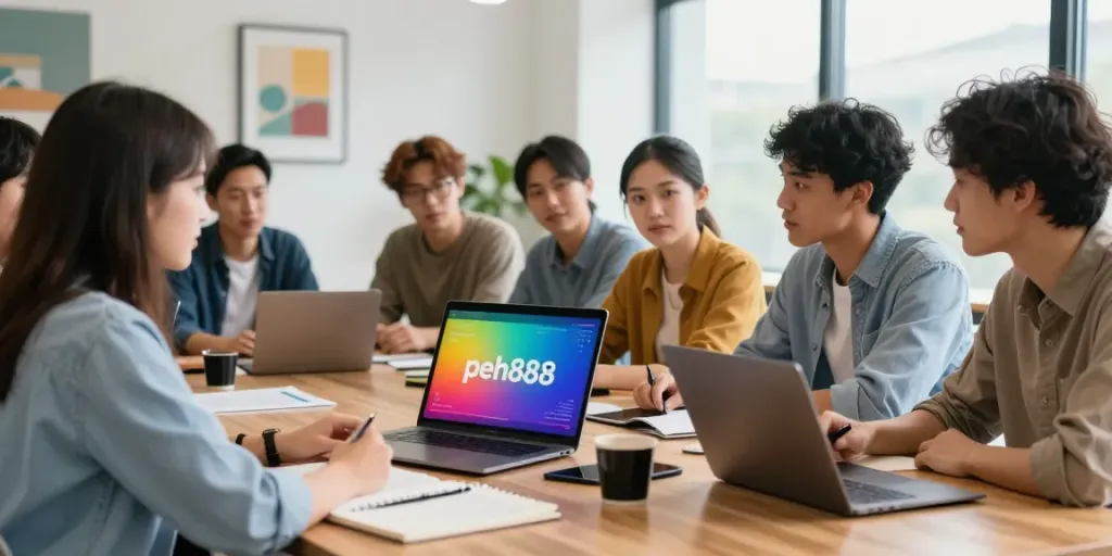 Entrepreneurs collaborating on peh888 strategies in a modern office.