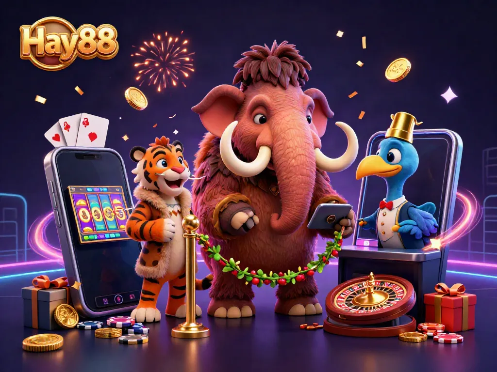 Experience the luxurious gaming atmosphere at Hay88, featuring vibrant cartoon characters and dynamic casino elements.