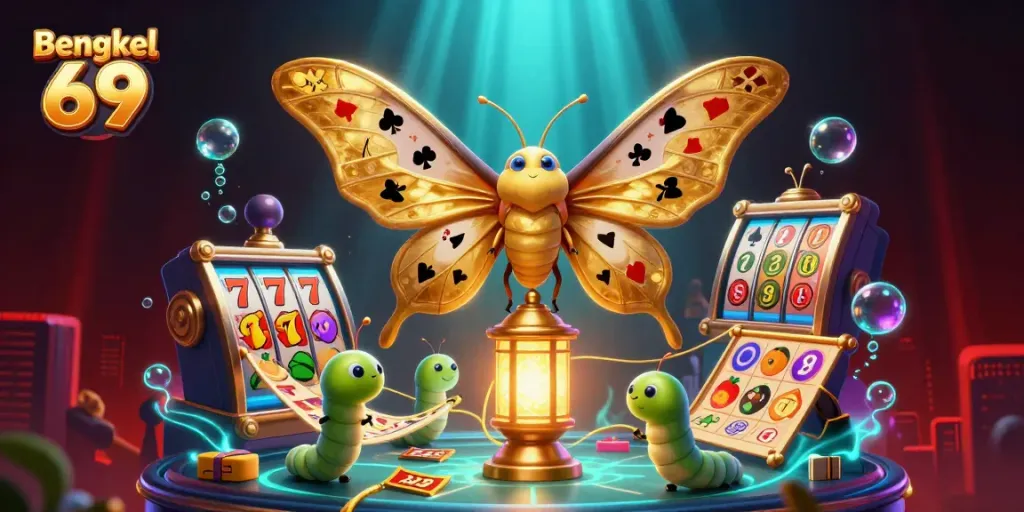 Bengkel 69 features a 3D cartoon moth and casino elements, showcasing vibrant slots and lucky symbols.