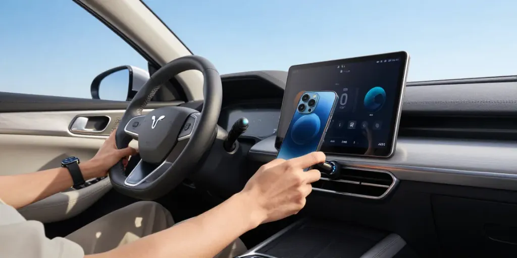 Pengguna air88 Bluetooth aux adapter di mobil modern, menikmati konektivitas tanpa kabel.