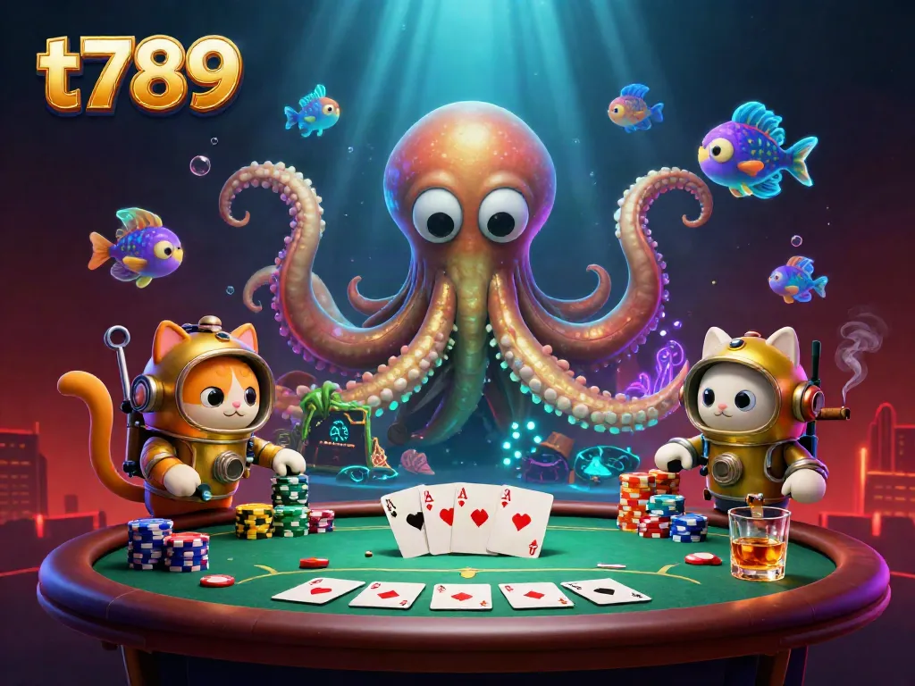 Experience the thrill of the t789 online casino with a dynamic kraken and diving cat in a colorful poker scene.