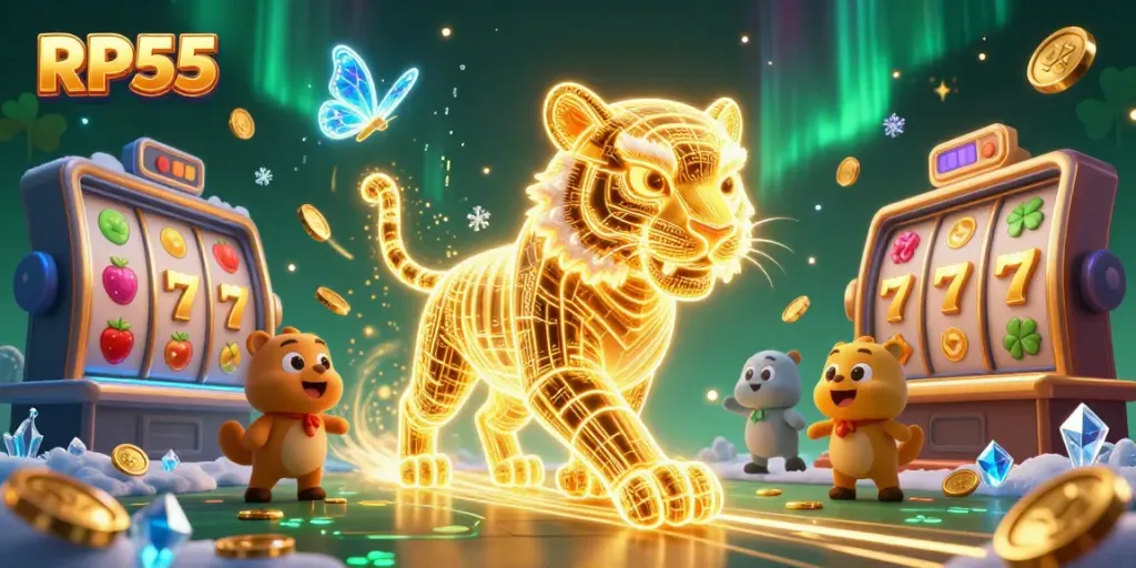 Experience exhilarating wins with the RP55 golden tiger slot gameplay in a dazzling casino setting.