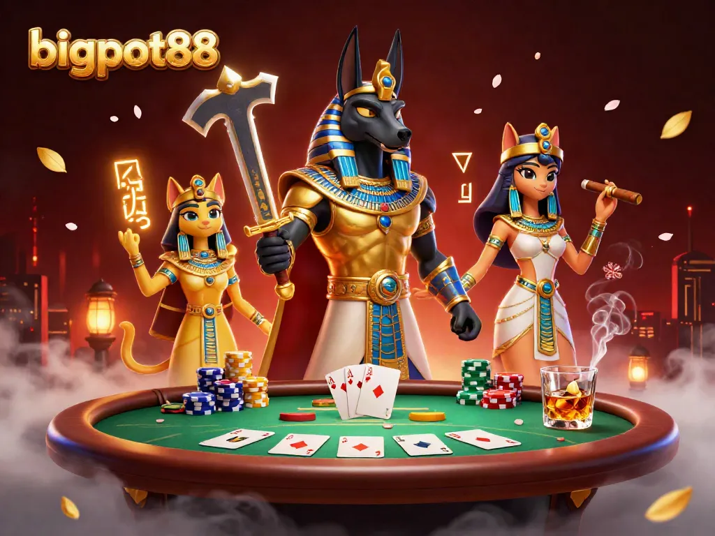 Bigpot88's vibrant scene features Anubis and Bastet at a lively poker table, full of rich game elements.
