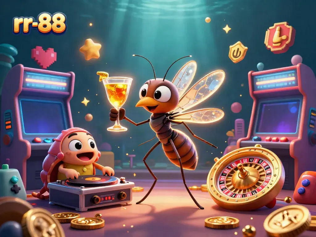Experience the excitement of rr-88 with a lively 3D casino scene featuring eclectic characters and vibrant gaming elements.