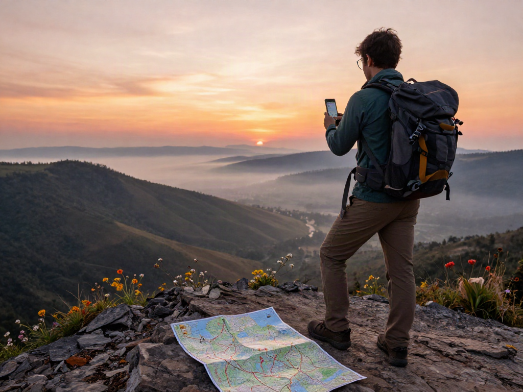 Traveler exploring the scenic outdoors with slot qris 5000 navigation tools in hand, inspiring adventure.