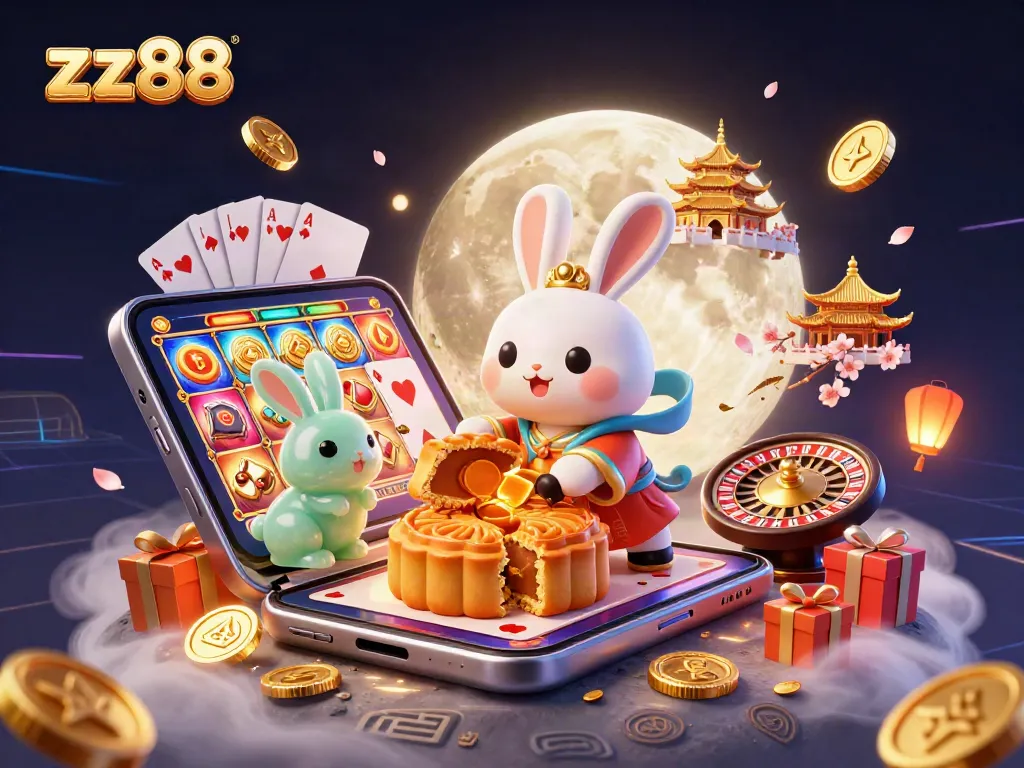 Engage in thrilling gaming adventures with zx88 as the moon rabbit unveils treasures amidst a vibrant casino scene.