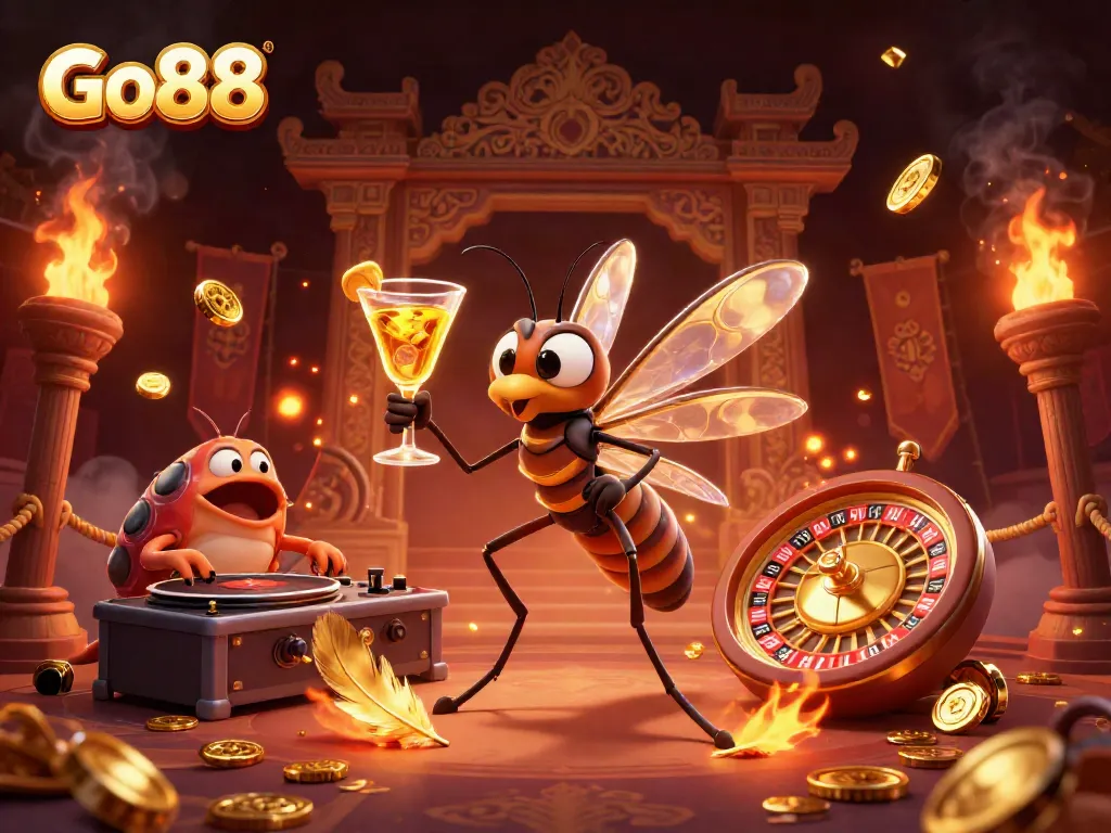 Experience the lively Go88 casino with a unique illustrated scene featuring a mosquito mascot and trilobite DJ.
