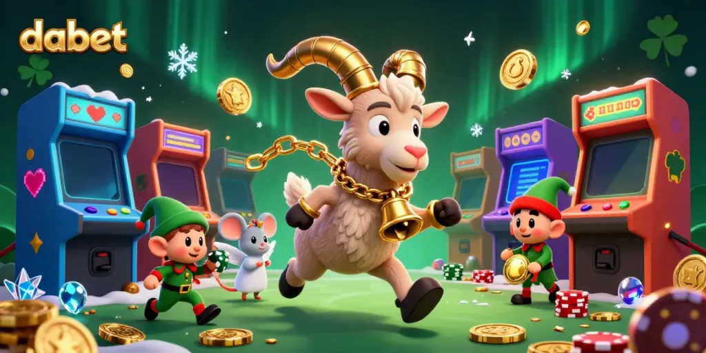 Dabet casino scene with a festive Krampus goat, angel mouse, and mischievous gremlins stealing chips.
