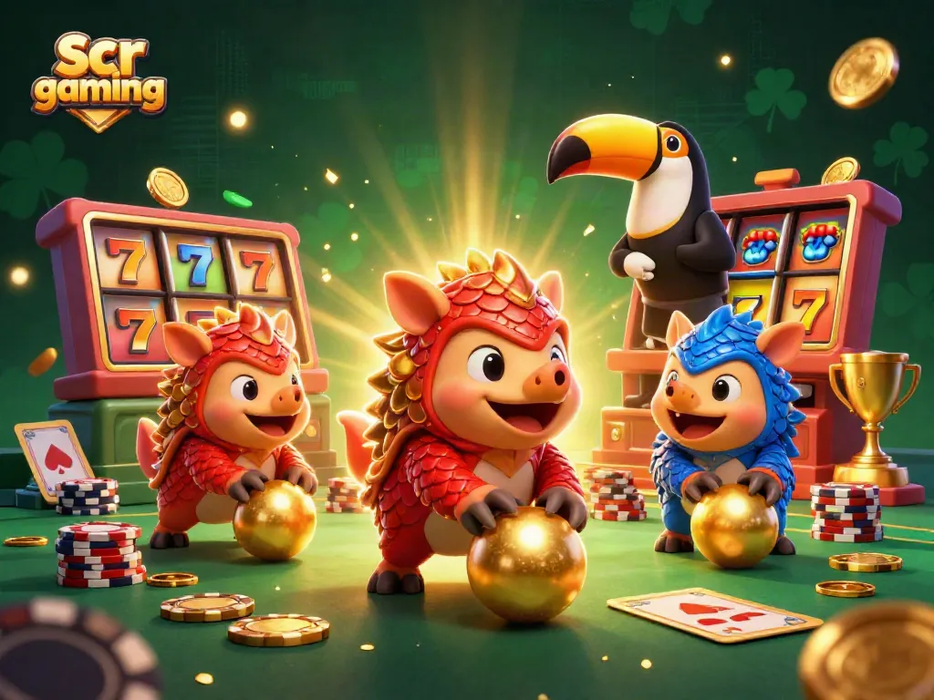 Experience thrilling scr gaming action with vibrant pangolins competing amid golden casino elements