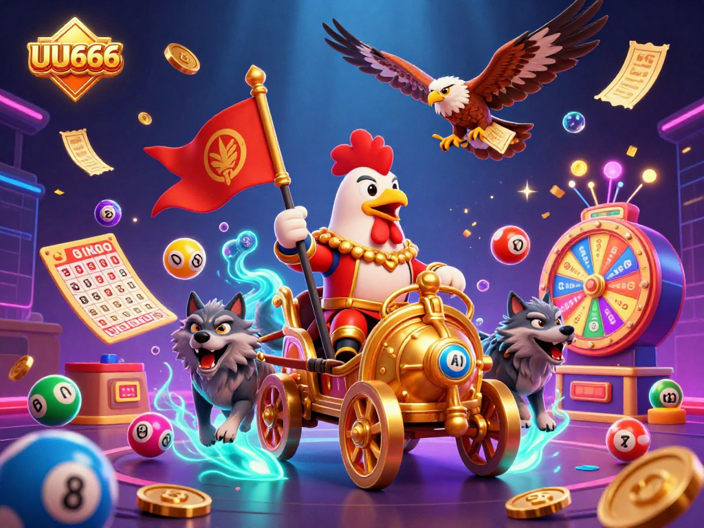 UU666 immerses players in a vibrant casino experience with an energetic rooster warlord and dynamic game elements.