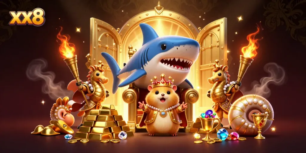 Experience the thrilling xx8 casino scene with a golden hamster king on a megalodon throne amidst jewels and treasures.
