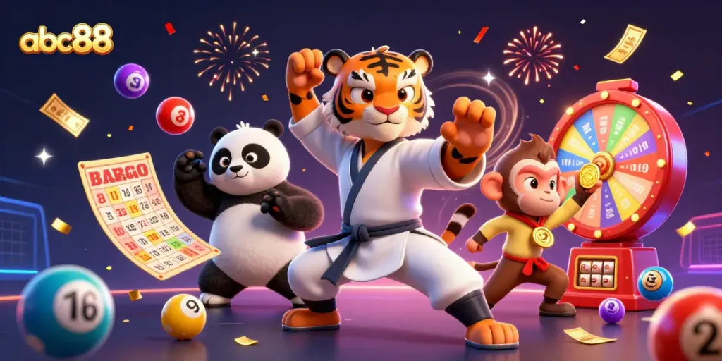 Win big with abc88 in this vibrant casino scene featuring lively characters and gaming elements.