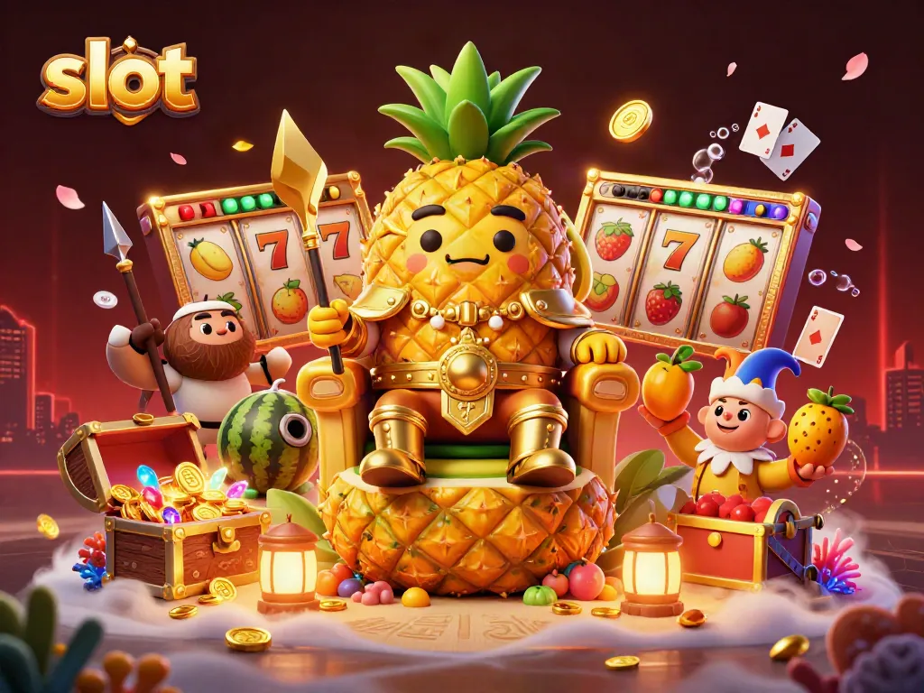 Experience dynamic slot action with a pineapple king amidst golden treasures and vibrant casino elements.