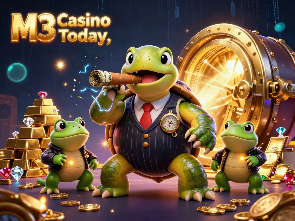 M3 Casino Today features a dynamic scene with a snapping turtle in a mobster suit, surrounded by gold treasure and vibrant casino lights.