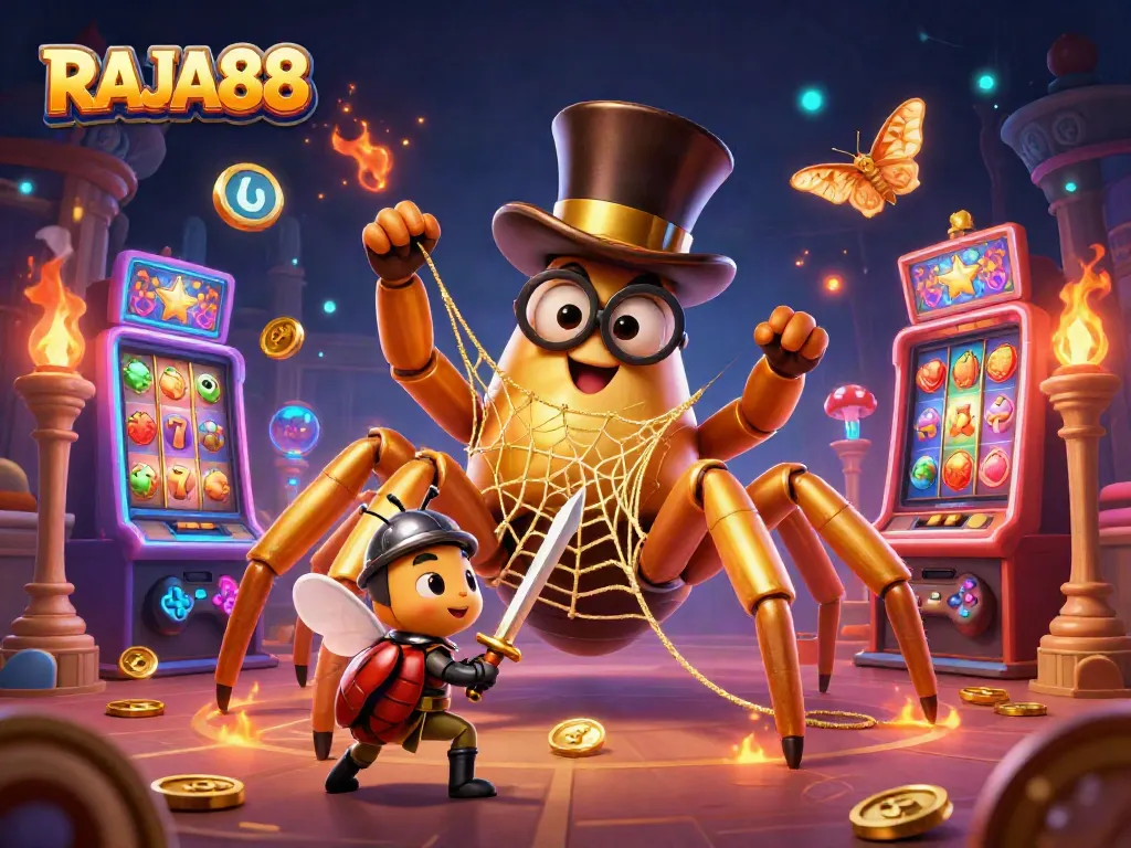 Permainan slot bertema RAJA88 menampilkan laba-laba emas dan kesatria kecil yang berani.
