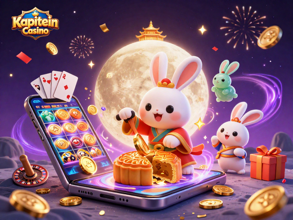 Kapitein Casino menghadirkan ilustrasi 3D menarik dengan kelinci bulan dan elemen kasino.